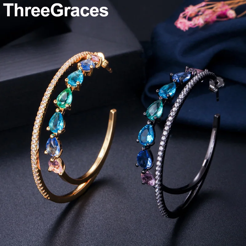 ThreeGraces трендовые желтые Глод кубического циркония мистические радужные кристаллы большие свадебные вечерние Двойные серьги для невесты ER320