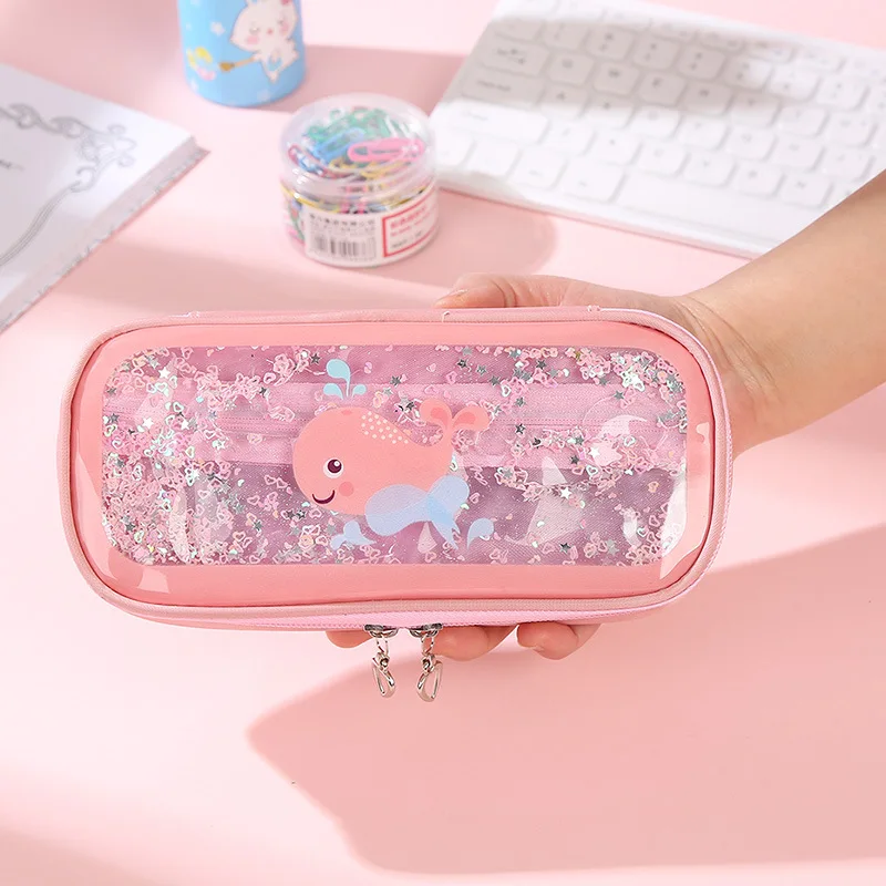 4 Colors Large Capacity Whale Pencil Case Double Zipper Cartoon Student Pencil Bag Gift Estuches School Pencil Box