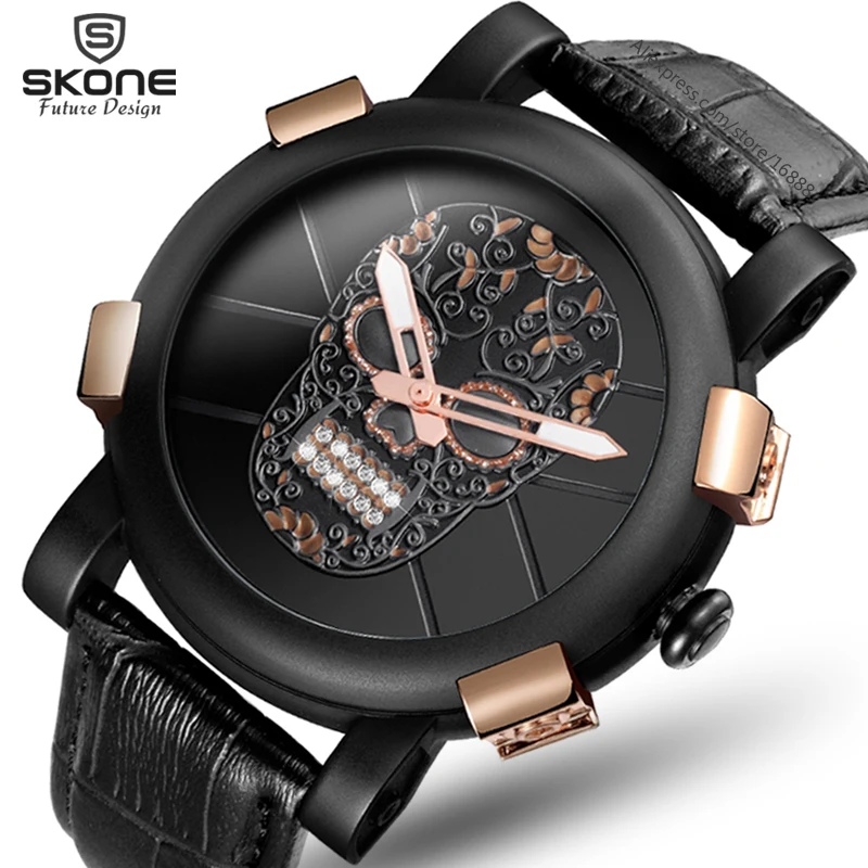 SKONE Новый Череп пират Черный часы для мужчин Diamond 3D скраб циферблат пояса из