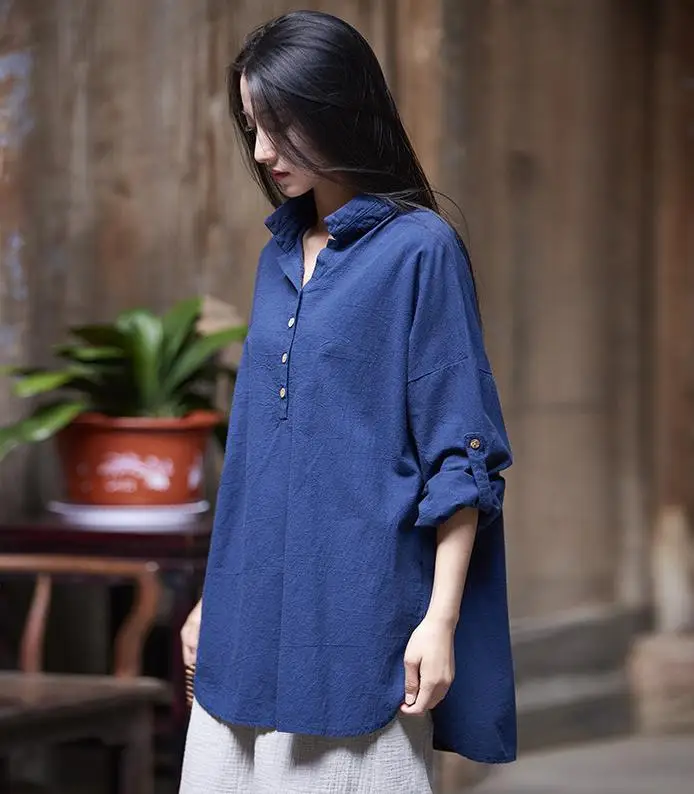 Spring Summer Chinese Style Cotton Linen Solid Color Original Design Women Long Sleeves Blouse |