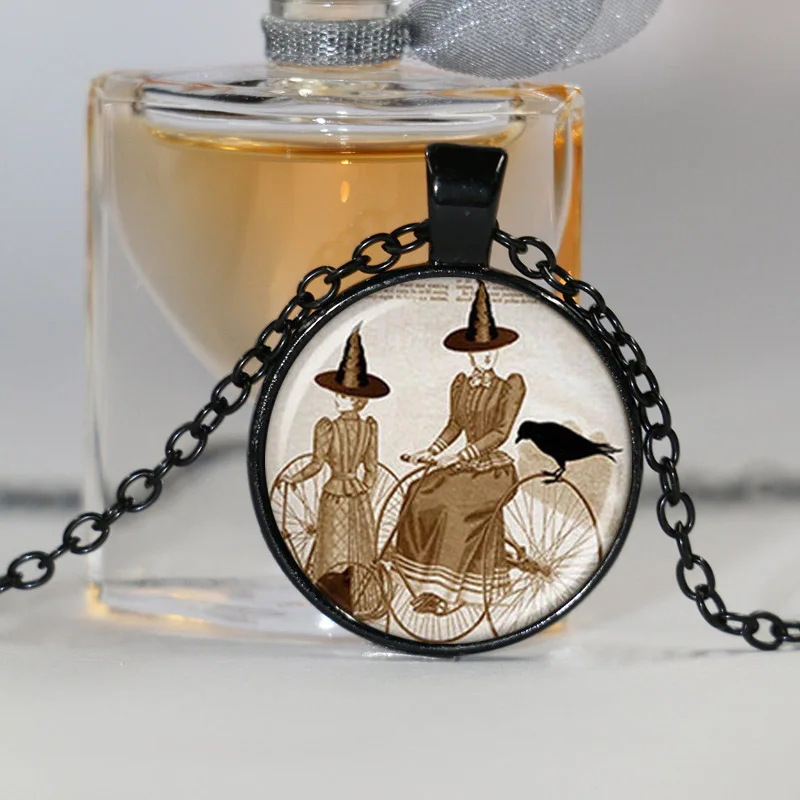Wholesale Glass Dome cabochon new fashion hot bicycle witch halloween pendant necklace glass dome jewelry for men women | Украшения и