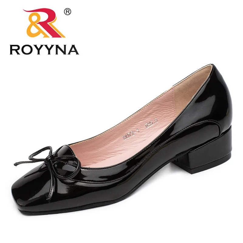 ROYYNA/Новое поступление; модные стильные женские туфли-лодочки; женские модельные туфли с бантом; женские офисные туфли с квадратным носком; женские туфли с закрытым носком - Цвет: BLACK