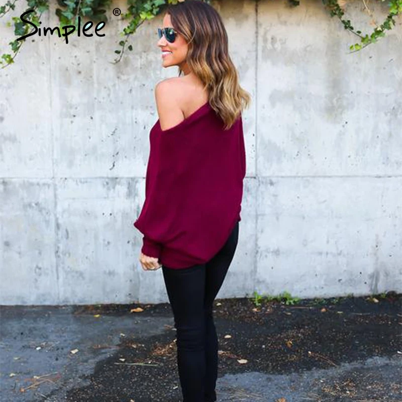 Simplee с открытыми плечами Женский вязаный свитер элегантный длинный рукав slash шеи