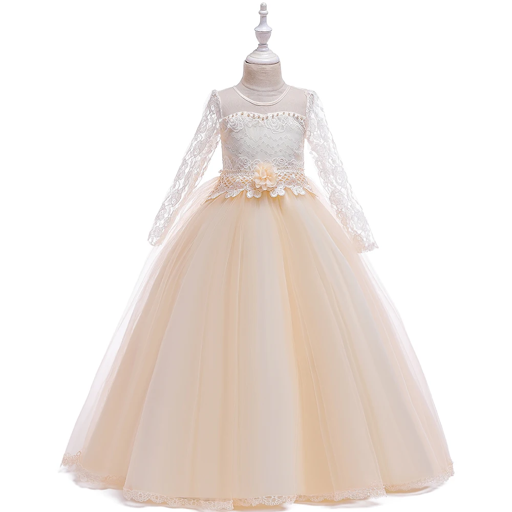 Elegant White Lace Bridesmai Dresses Flower Long Sleeve Tutu Wedding Dress for Girls Party Gown Children Princess Clothing 8 14Y | Детская