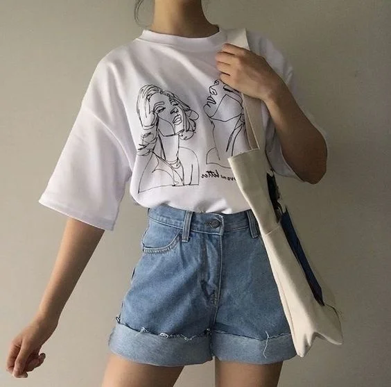 hahayule-JBH Women Korean Fashion Art Drawing T-Shirt Cute Ulzzang Oversized White Tee Street Style Shirt | Женская одежда