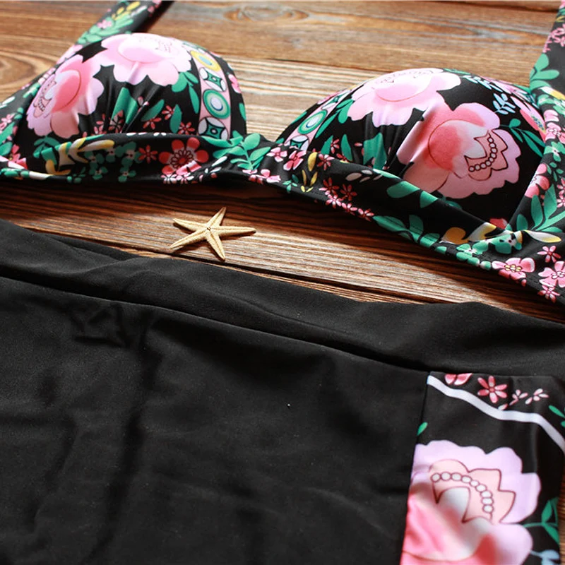 Vintage Womens High Waist Bikinis Swimsuit 2018 Halter Backless Push Up Biquini Swimwear Female Print Hot Beach Bathing Suit |