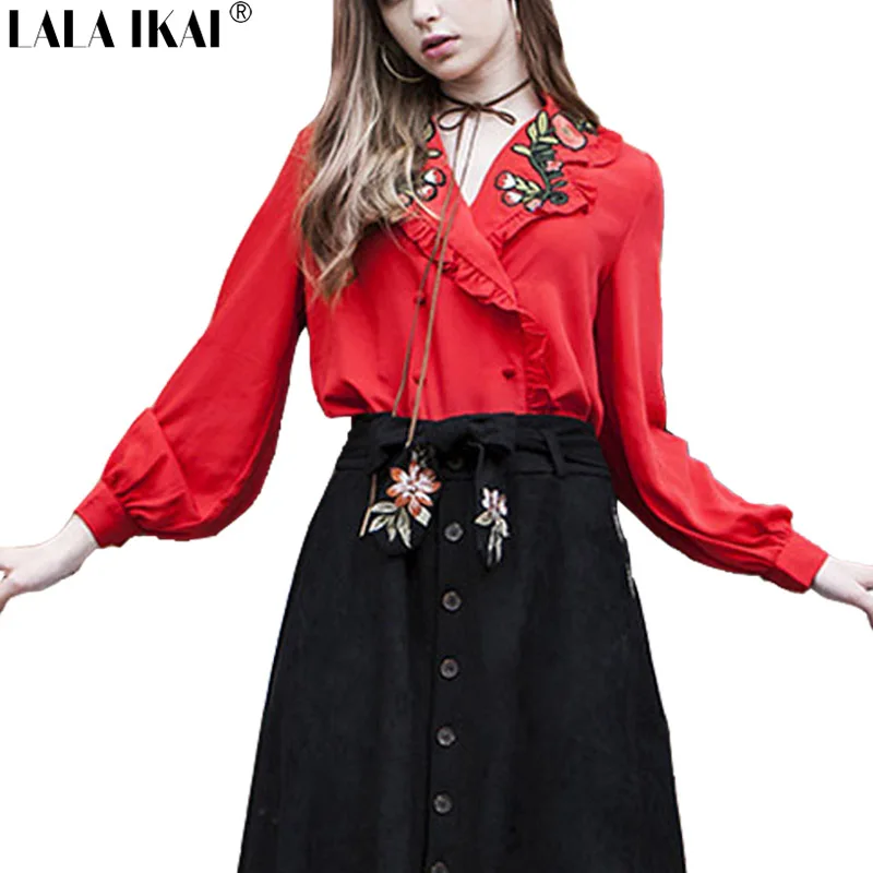 Винтаж осенние красные женские футболки Вышивка длинный рукав Для женщин Топы