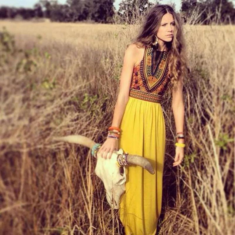 

2017 New Summer Print Dress Sleeveless Long Dress Round Neck Waist Dress Womens Summer Dresses