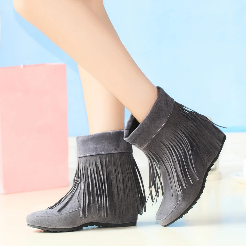 Winter plus size 11 12 13 14 15 16 Flock fashion Fringe Height Increasing Ankle Med Heels Boots Snow | Обувь