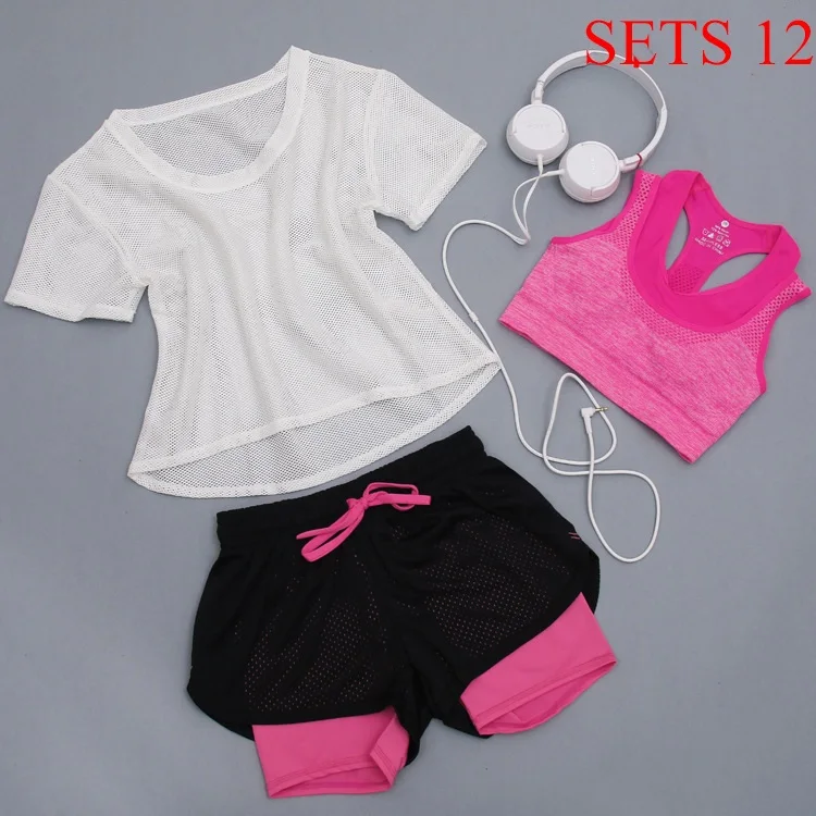 Women Sportwear 3 Pieces Suits Fitness Yoga Set T-Shirt&Bra&Shorts Sport Set Gym Clothes Sport Wear Training Suit Running,ZF197 - Цвет: Sets 12