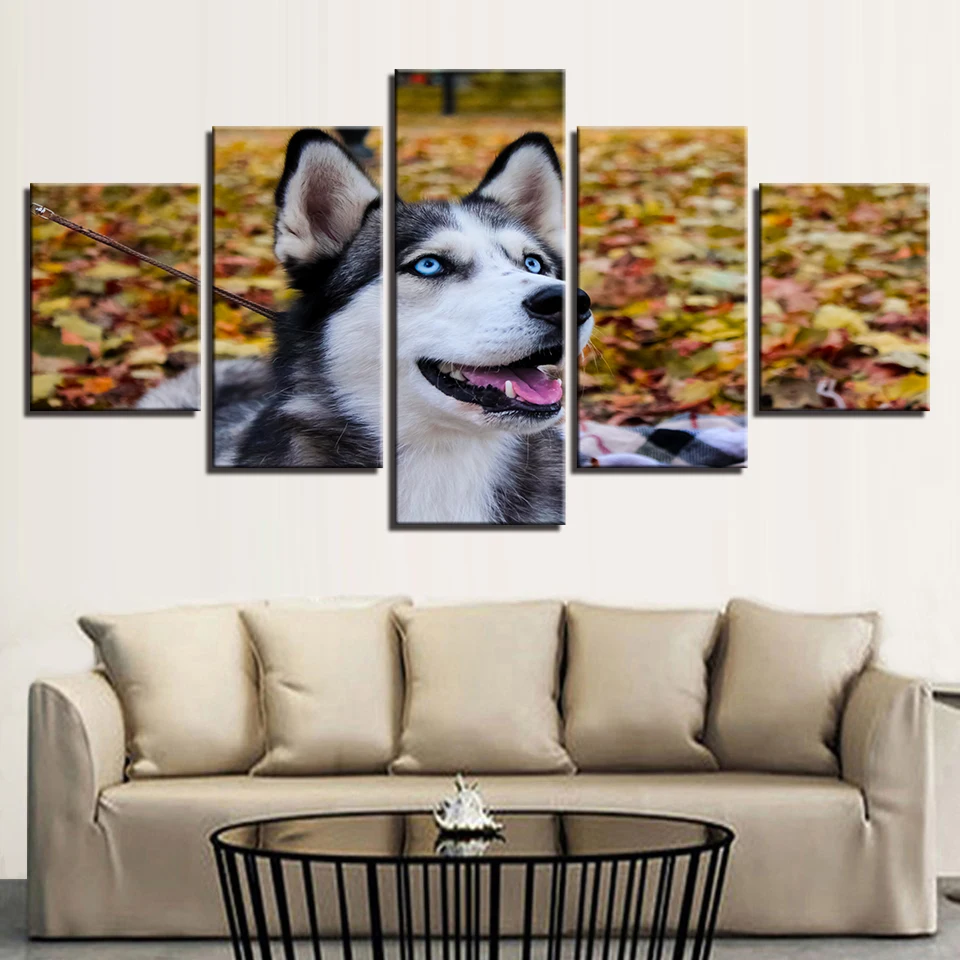 Oturma odsi Için tuval HD baskilar Resimleri Duvar sanati Çerçeve Ev dekor 5 Parça Hayvan Husky Pet Resimlerinde Mavi gézler Kero | Дом и