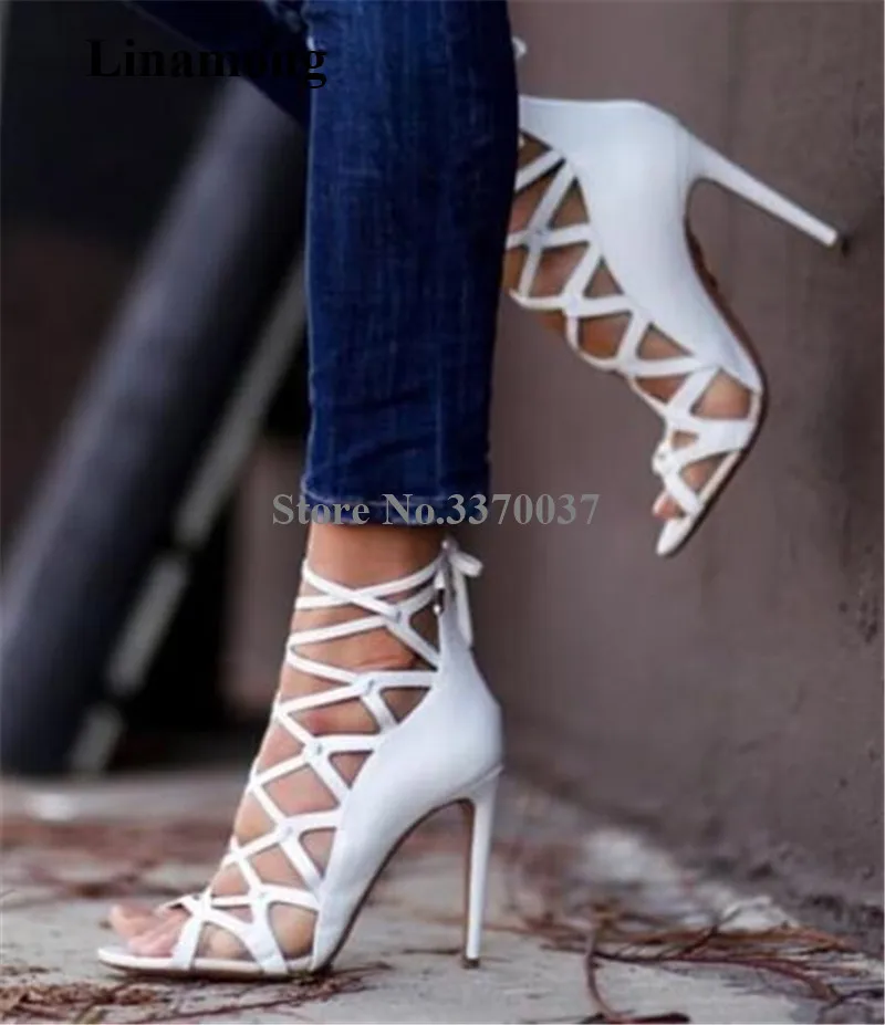 

Newest Women Elegant Fashion Peep Toe Stiletto Heel Gladiator Sandals White Straps Cross High Heel Sandals Dress Heels Shoes