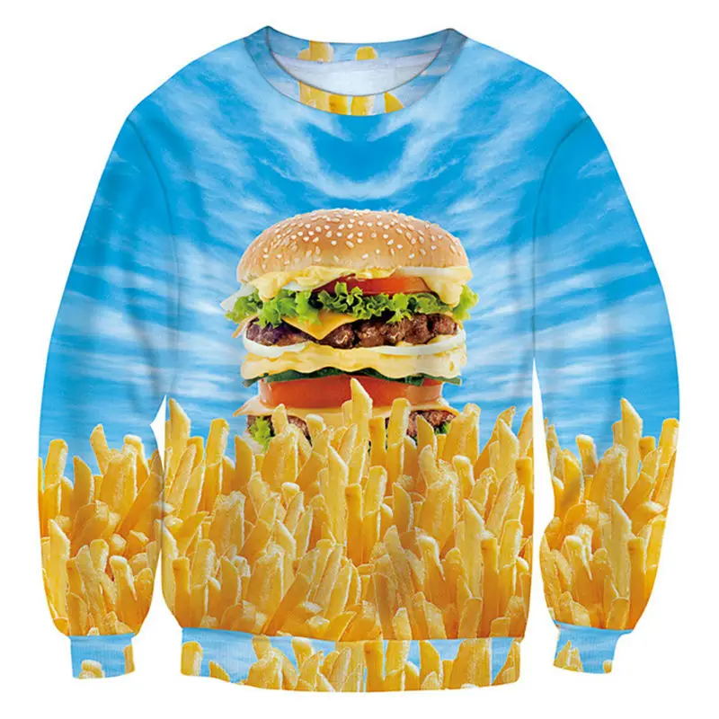 

HD гамбургер и картофеля-фри 3d принт Мужская Круглый вырез горловины с оборками, верхняя одежда для мальчиков и девочек Забавные толстовки П...