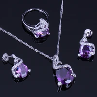 enchanting purple cubic zirconia silver plated jewelry sets earrings pendant chain ring v0239