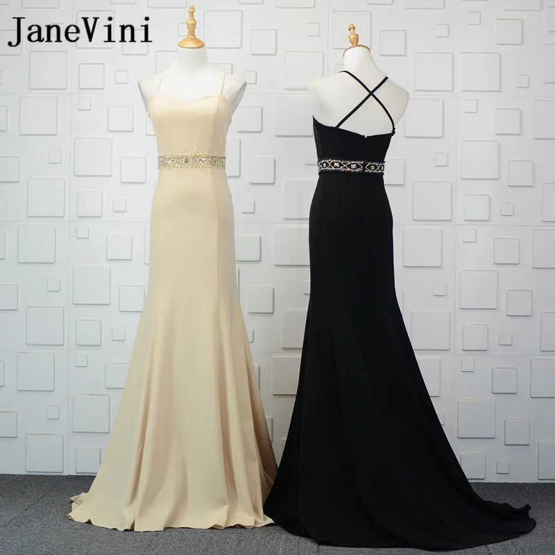 

JaneVini Abiti Da Damigella D'onore 2018 Mermaid Long Bridesmaid Dresses Beaded Waist Sexy Spaghetti Straps Wedding Party Gowns