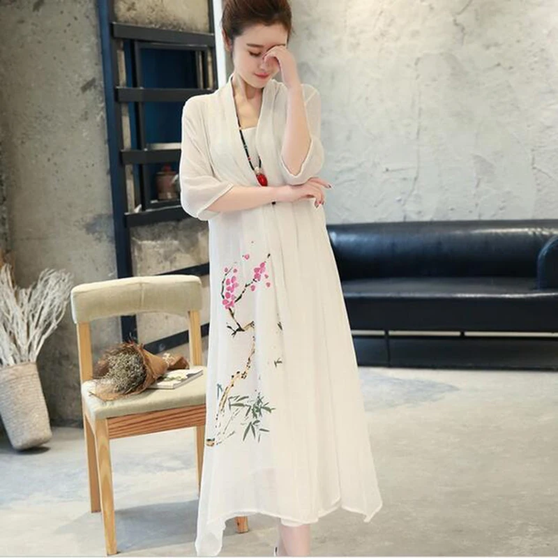 Модное платье из хлопка и льна Свободное длинное с винтажным принтом имитация