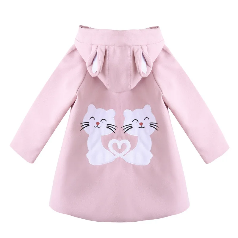 

2021 Children's autumn Winter Woolen Coats For Teenager Cute Cat Print Back Long Wool Outerwear Girls jackets Clothing clothes