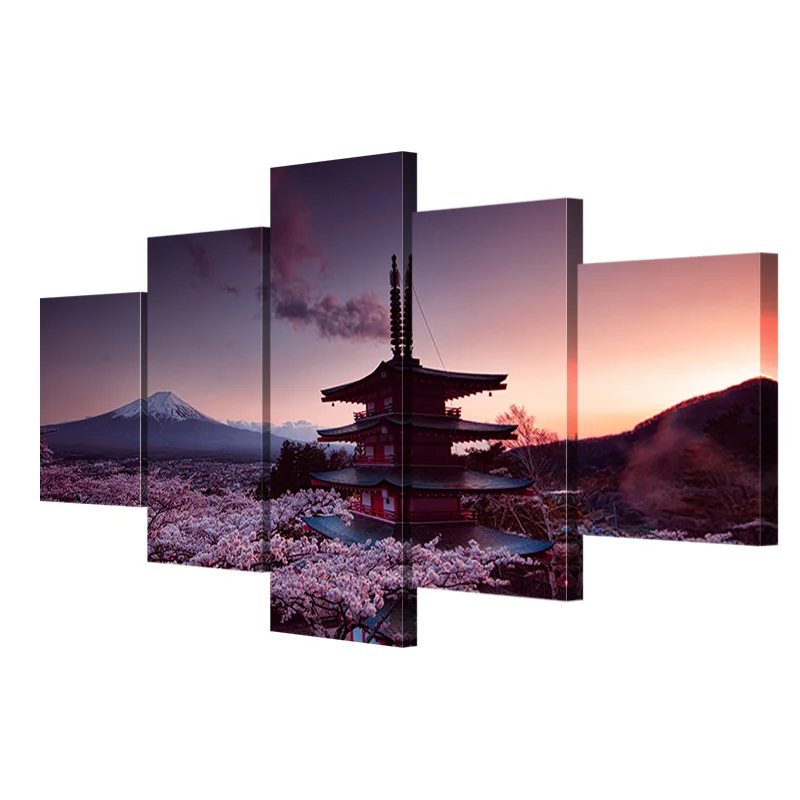 Модульная 5 панельная башня chuei Сакура fujiyama ландшафт HD Печать на холсте