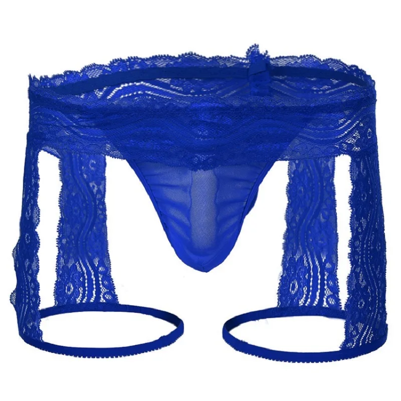 Blue Неженкие мужские эротическое белье, кружевные стринги, трусы, сексуальные мужские трусы, трусы с выпуклой сумкой, Прозрачные Боксеры для геев, нижнее белье - Цвет: Blue