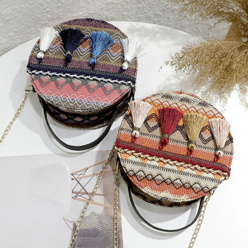 Boho национальная круговая Маленькая женская сумка через плечо, стеганая сумка-кошелек с цепочкой на ремне, праздничная дорожная сумка