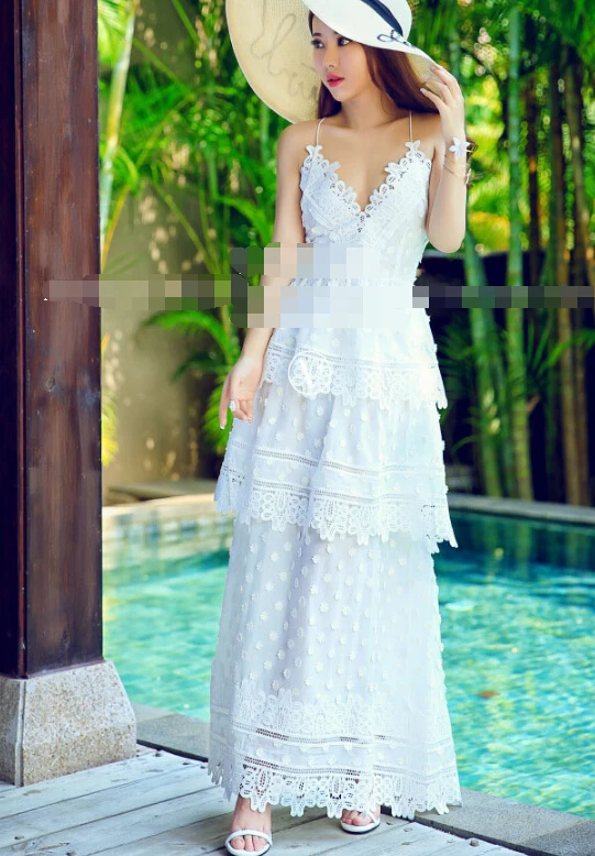 Free Shipping 2016 Summer New Arrival Cross Backless V Collar Lace Brace Chiffon Long Dress White | Женская одежда