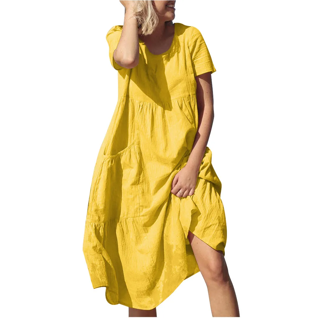 Yellow Женское летнее платье, женское модное однотонное платье с круглым вырезом, коротким рукавом и карманами, хлопковое льняное свободное пляжное Повседневное платье Y606 - Цвет: Yellow