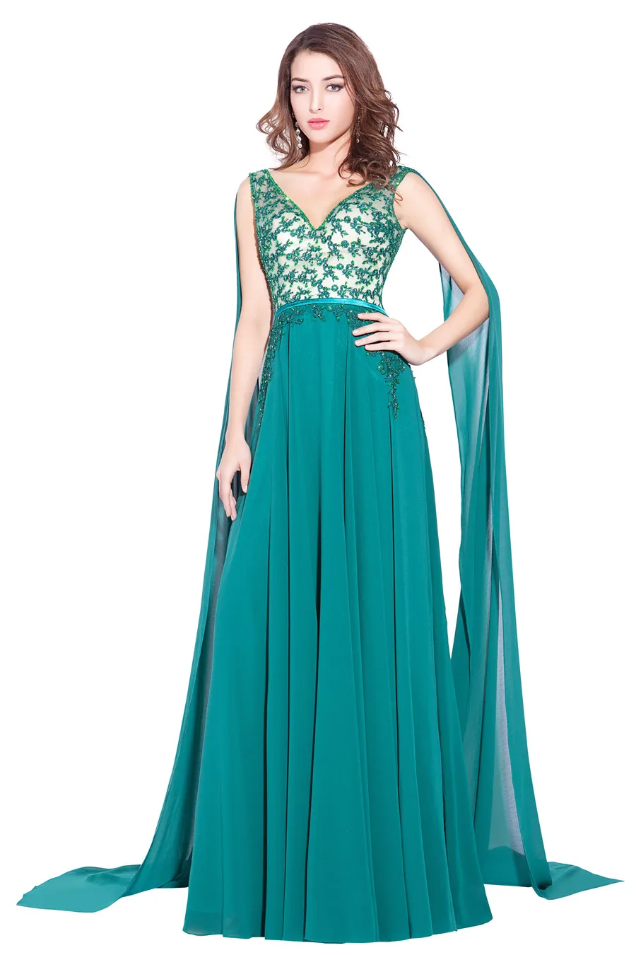 chiffon applique beading v-neck green long evening dress with straps formal party vestidolongo | Свадьбы и торжества