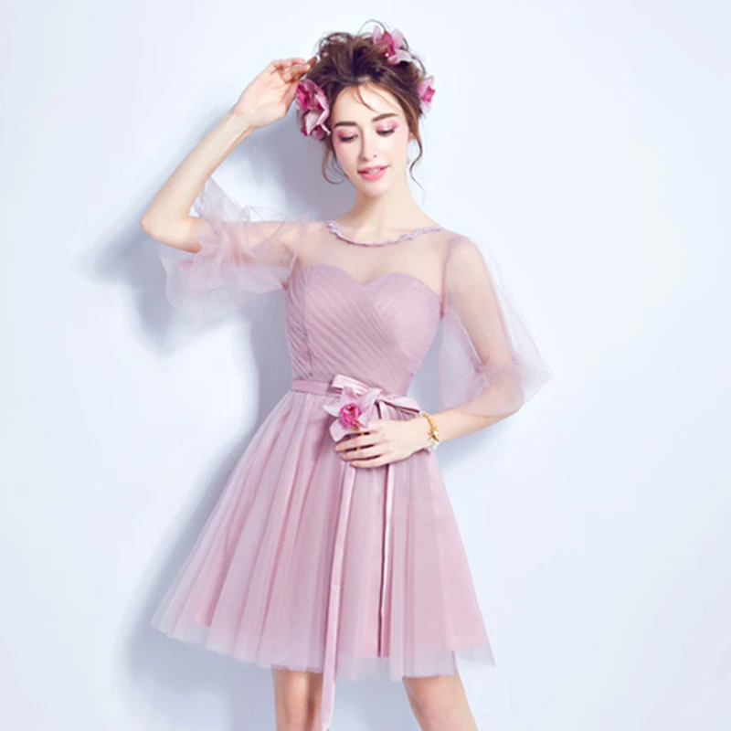 2016 очаровательный розовый шифон короткие линии половина рукава scoop шеи длиной до