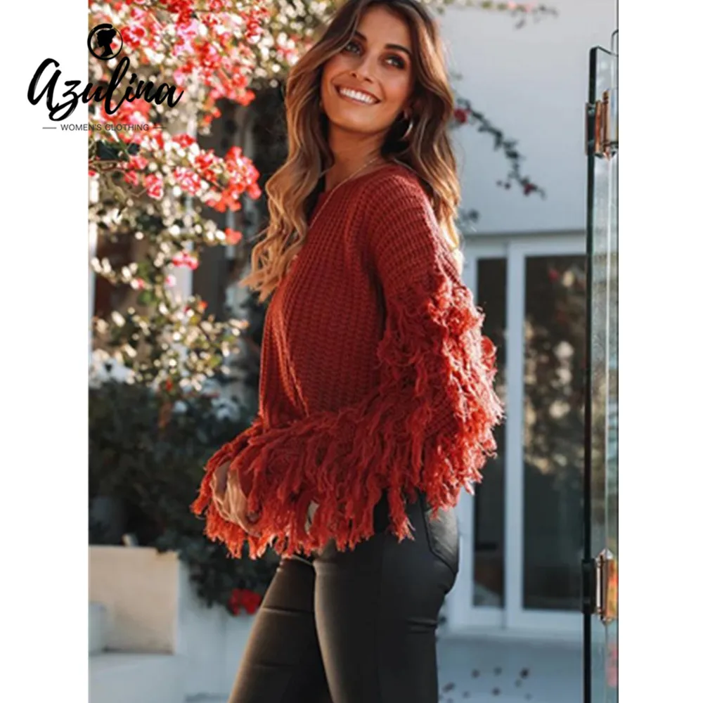 AZULINA Autumn Winter Women Pullover Sweater Round Collar Long Sleeve Fringed Solid Color Loose Sweaters Jumpers Ladies Clothes | Женская
