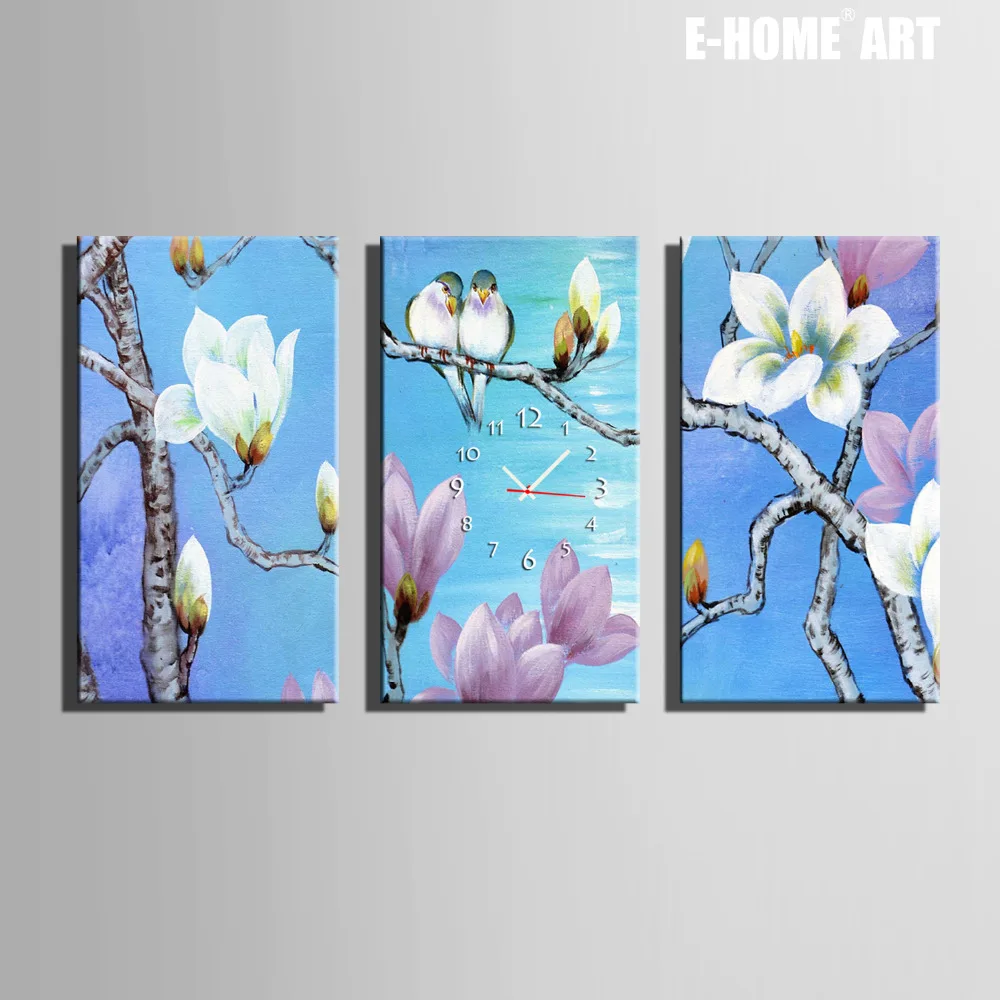 

Free Shipping E-HOME Flowers And Birds on The Tree Clock in Canvas 3pcs wall clock