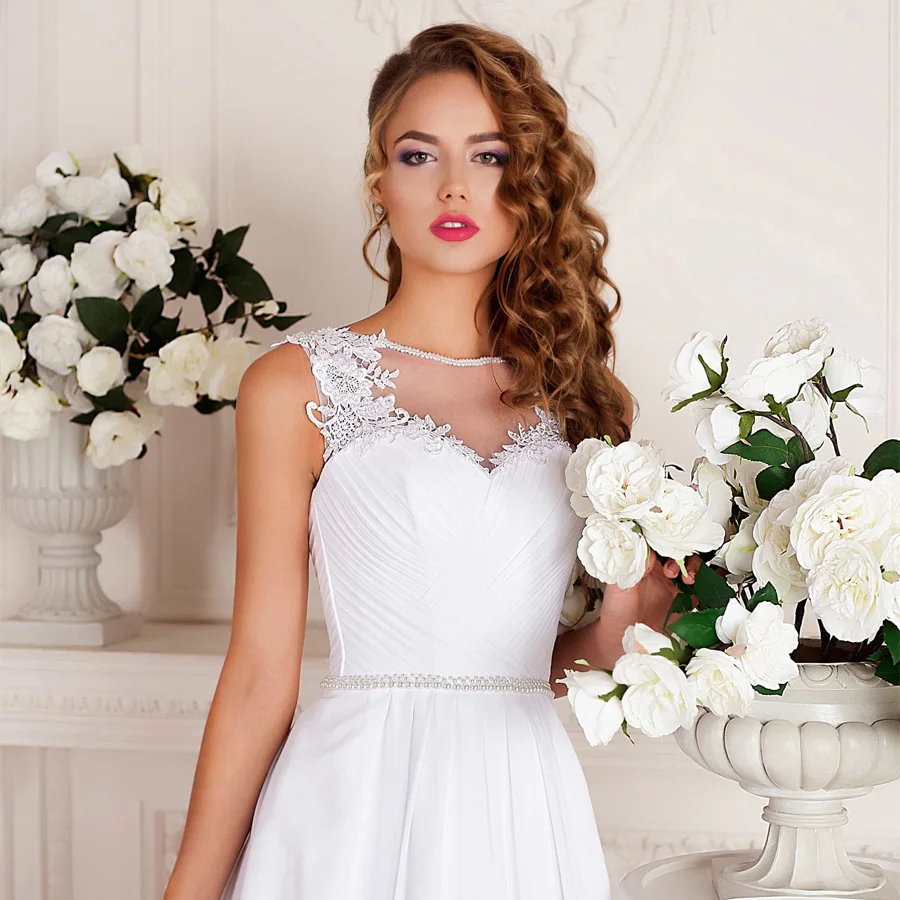

Jiayigong Cheap Open Back Chiffon Wedding Dress Scoop Neck Sleeveless Applique Pleats Vestido De Noiva Bridal Gowns