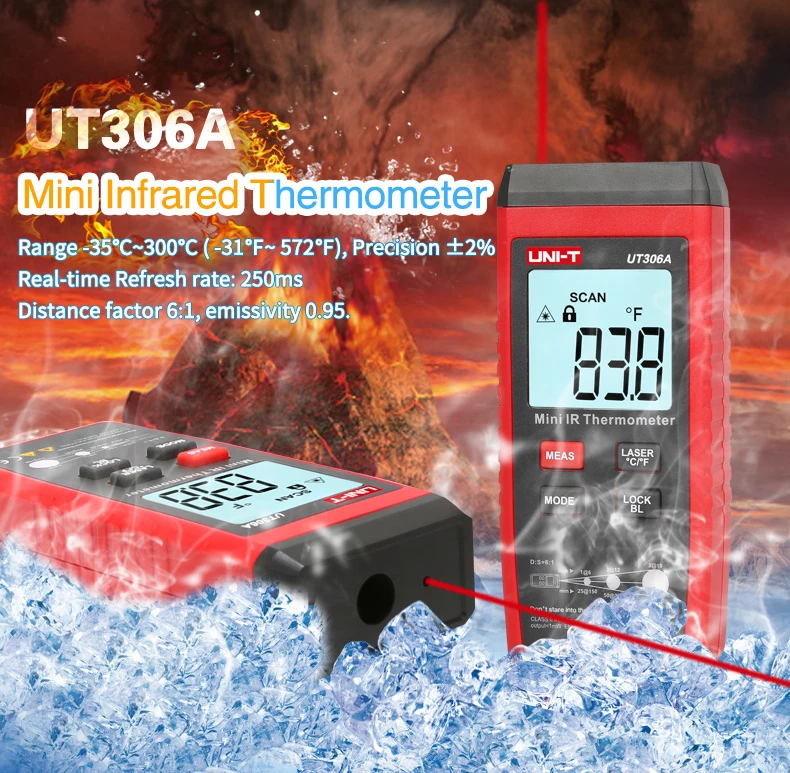 UNI-T UT306A бесконтактный инфракрасный Мини ИК термометр Лазерный цифровой термометр ЖК-дисплей Промышленный измеритель температуры