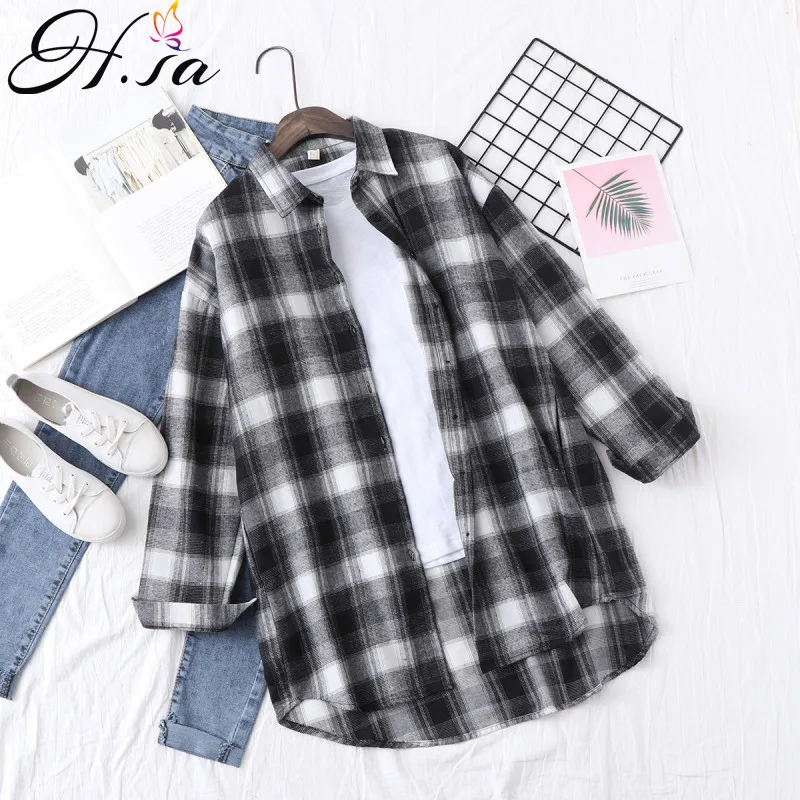 

H.SA Spring Summer Women Long Blouses and Shirts Korean Fashion Clothing Plaid Blusas Outwear Overcoats Casual roupas feminina