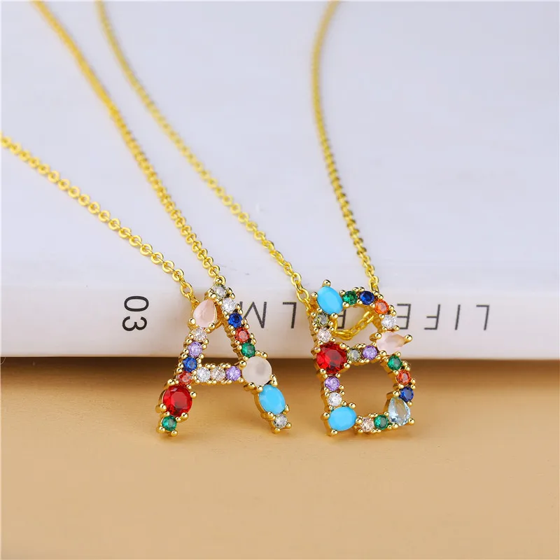 

JUWANG Vintage Multicolor 26 Gold Alphabet Letter Initial Necklace Micro Pave Zircon letter Charm Necklaces For Women Jewelry