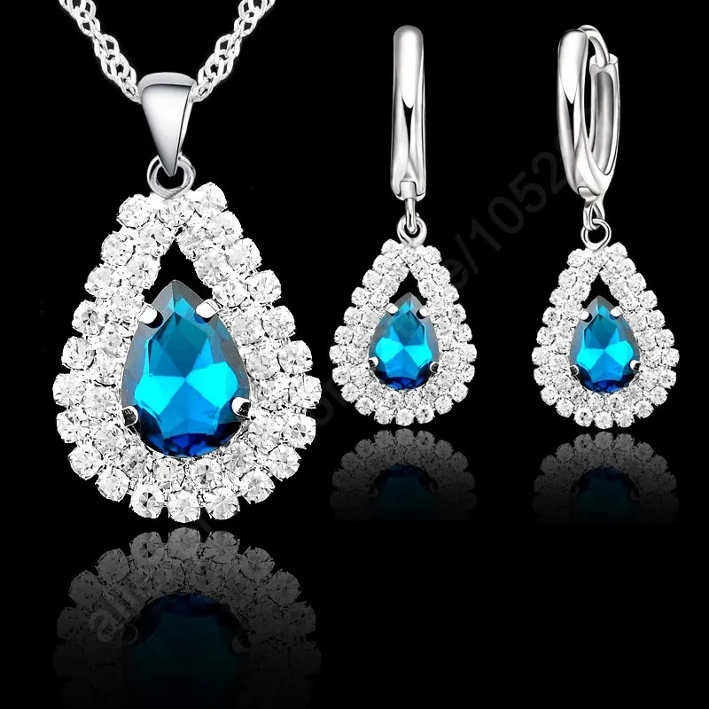 

Clear Blue 925 Sterling Silver Austrian Crystal Necklace Hoop Earrings Water Drop Design For Women Party Jewelry Sets