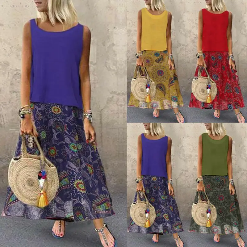 New fashion UK Women Sleeveless Boho Floral Long Maxi Dress Ladies Summer Sundress Holiday Tops |