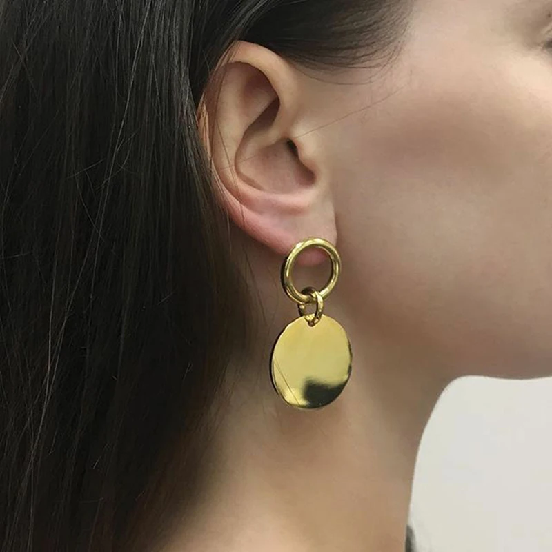 European Simple Round Drop Earrings Fashion Glitter Gold Color Wafer Pendant For Women Charm Ear Jewelry | Украшения и аксессуары