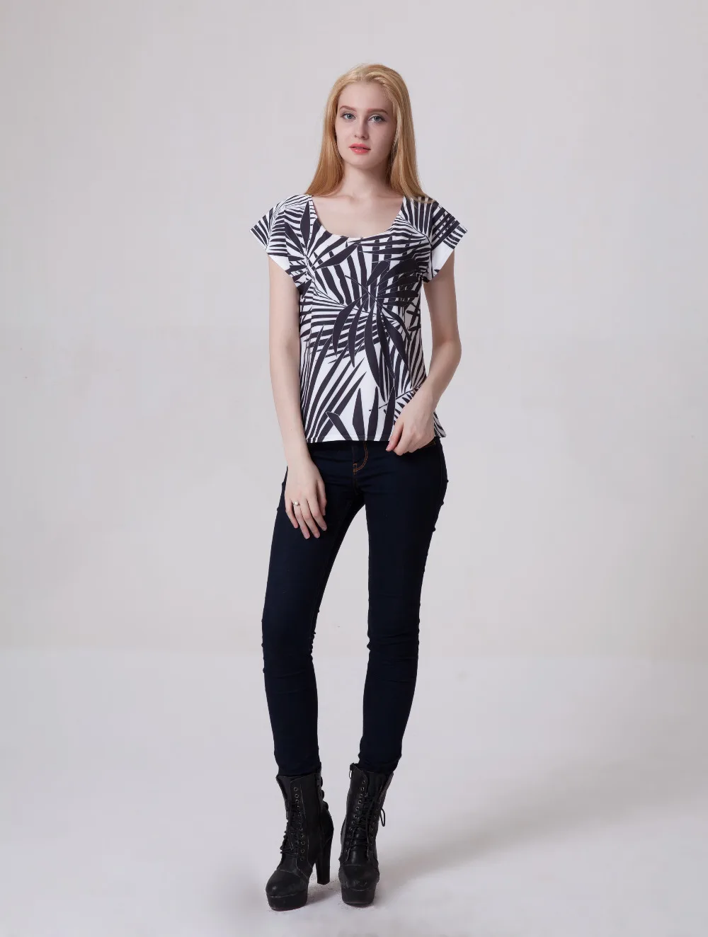 EAST KNITTING 2003 New Style 2015 Leaf Printing Women T-shirt Round Collar SlimTop For Drop Shipping | Женская одежда