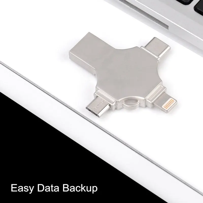 4 в 1 OTG USB флеш накопитель 32 ГБ/64 ГБ Флешка металлическая ручка 64 Гб 128 для iPhone X/8/7/6