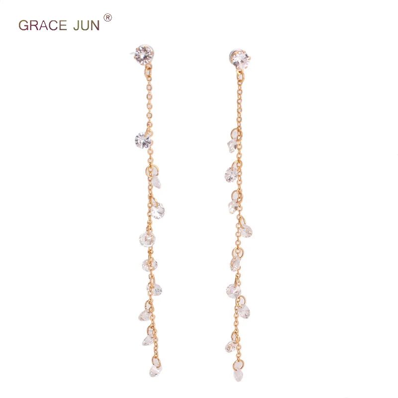 

GRACE JUN Handmade Long Tassel AAA CZ Clip on Earrings Non Piercing for Women Luxury Fashion Party Pierced Earrings No Allergy