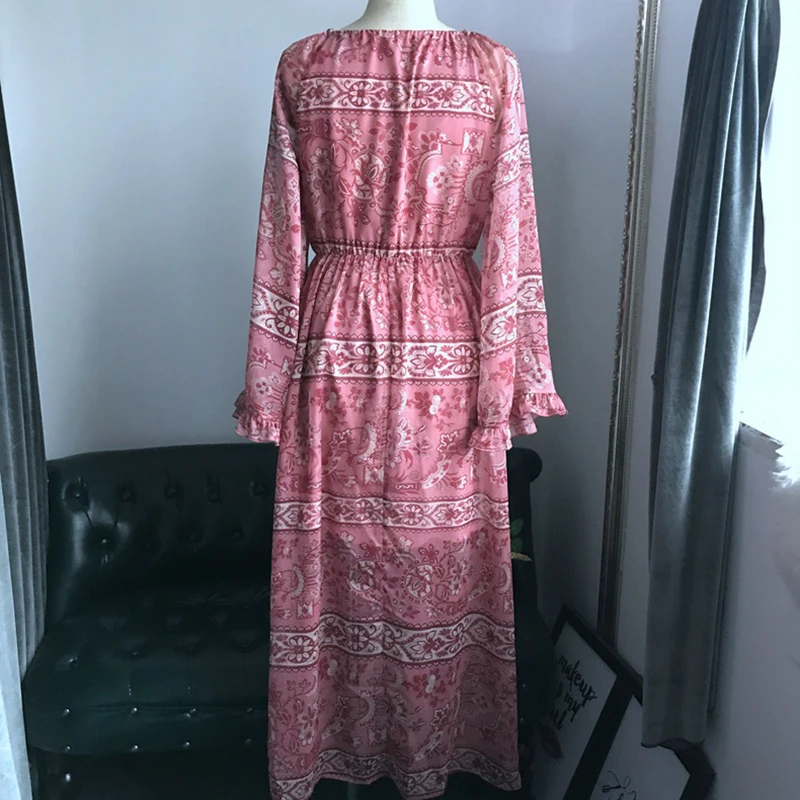 2019 Spring ZIM Style Bohemian Floral Print Dress Women Vintage Ruffles Flare Sleeve Maxi Dresses Female Holiday | Женская одежда