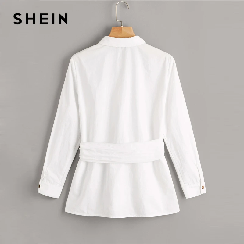 SHEIN Button Front Belted Blouse White Solid Long Sleeve Blouse Casual Women Clothes Spring Autumn Blouses