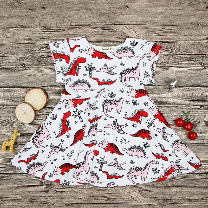 2017 Short Sleeve Cute Dinosaure Printed Girl Dress Clothes Summer Fashion Tiny Cottons Kids Dresses for Girls Costume | Детская одежда