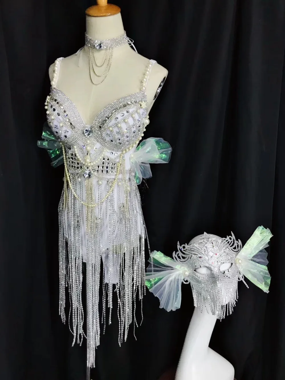 White Beading tassels Bodysuit Sparkling Crystals Sling bodysuit Sexy Bar DJ female singer performance outfit Model show Costume