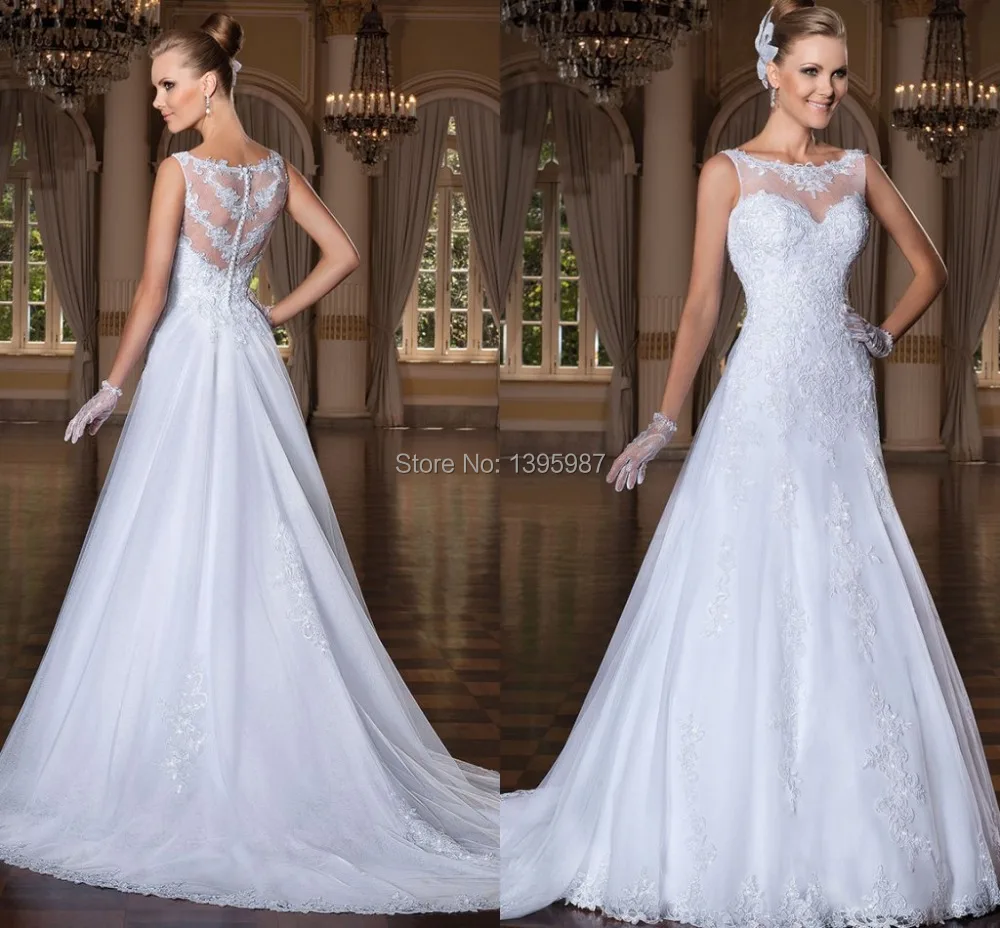 

Illusion Sheer top Back Organza Wedding Dresses Floor-Length Sweep-Train bride Dress 2017 New arrival Wedding Gowns Vestidos