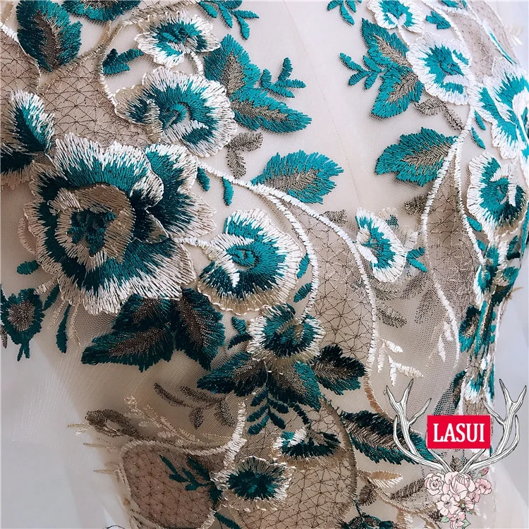 Кружевная аппликация LASUI 43*19 см зеленая и золотая нитка с вышивкой ювелирные