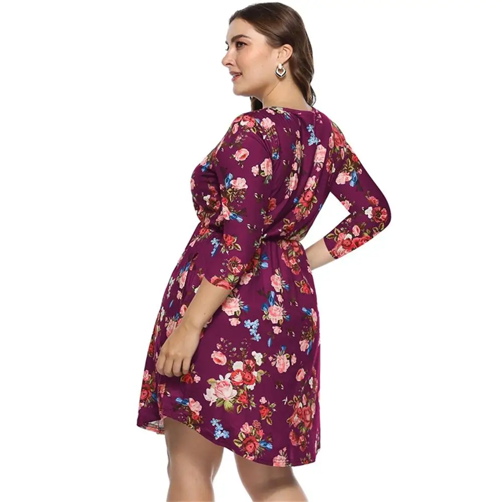 Autumn O Neck Long Sleeve Flower Print Dress Women Casual Knee-Length Dresses High Waist Plus Size 2018 New Oversize |
