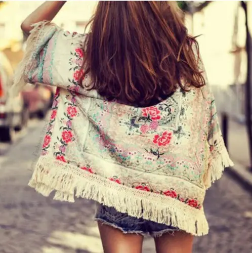 Женская шаль с кисточками в стиле бохо Свободный Топ хиппи цветочное кимоно