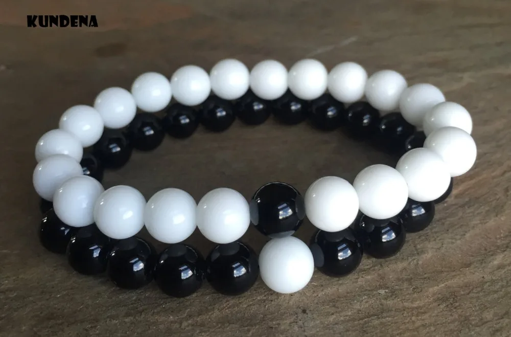8mm Couples Bracelets Friendship &quotMissing Link&quot Black Onyx White AlabasterBracelet Natural Stone Beaded Elastic Bracelet Beads |