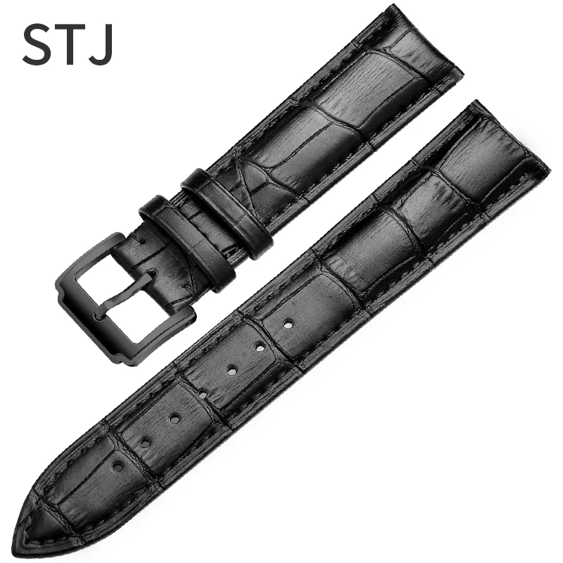 Full Black Ремешок для часов STJ из телячьей кожи 18 мм, 19 мм, 20 мм, 21 мм, 22 мм, 24 мм, для женщин и мужчин, ремешок для часов Tissot Seiko, аксессуары, браслет - Цвет ремешка: Full Black